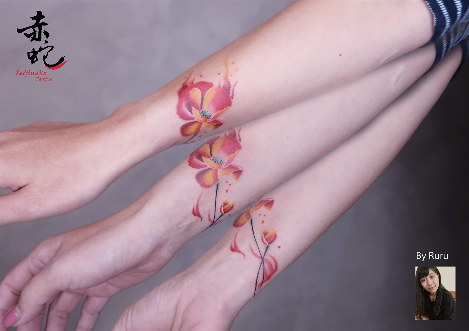 RURU 台中女刺青師 手臂水彩 / 插圖 刺青作品 RedSnake Tattoo