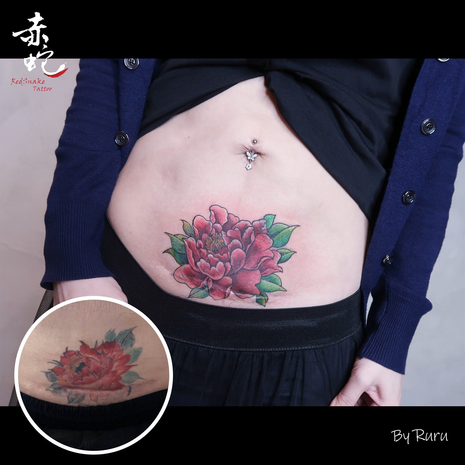 RURU 台中女刺青師 日式 / 腹部 刺青作品 RedSnake Tattoo