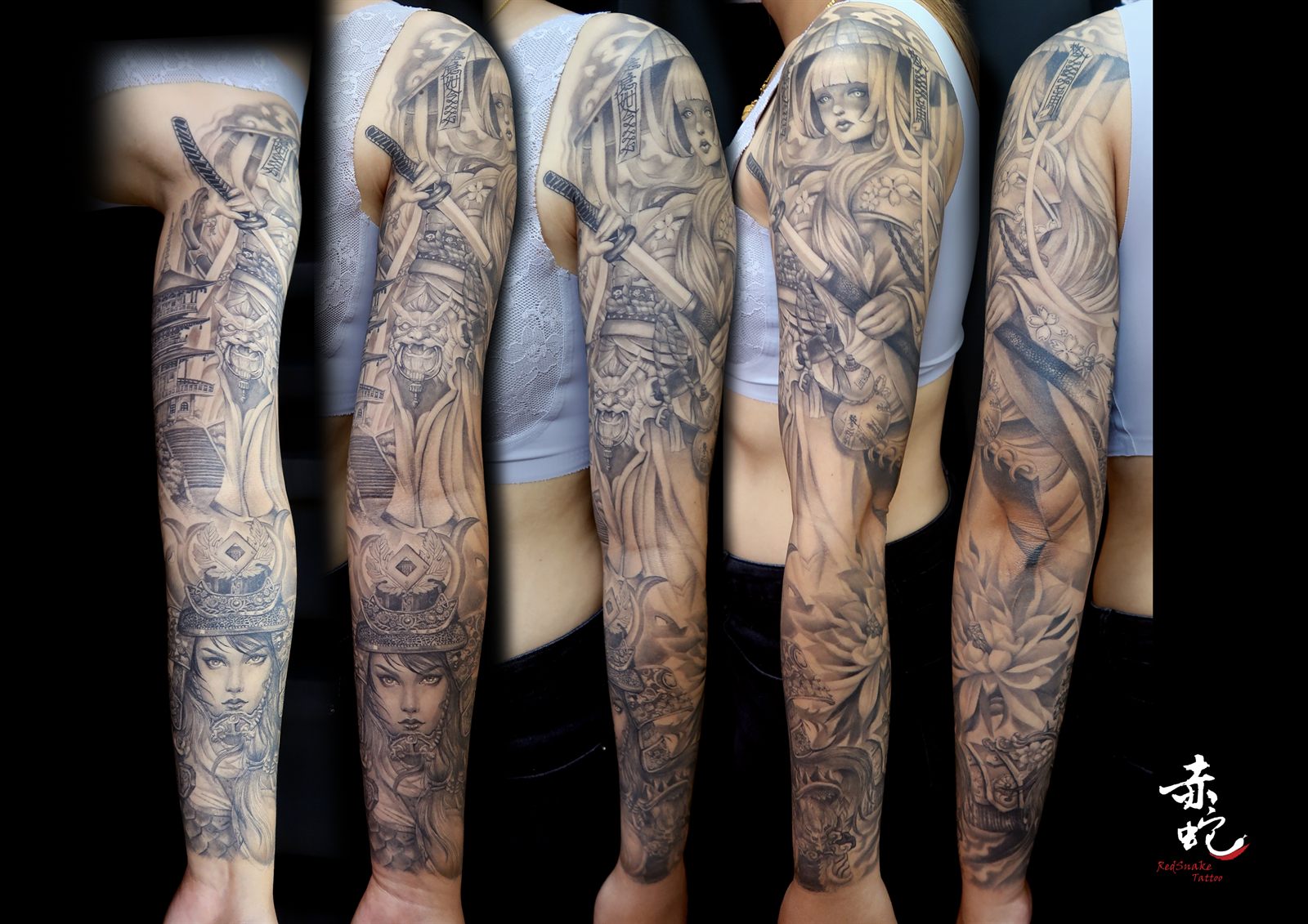 小YU 台中女刺青師 全袖 / 女生 / 黑白 刺青作品 RedSnake Tattoo